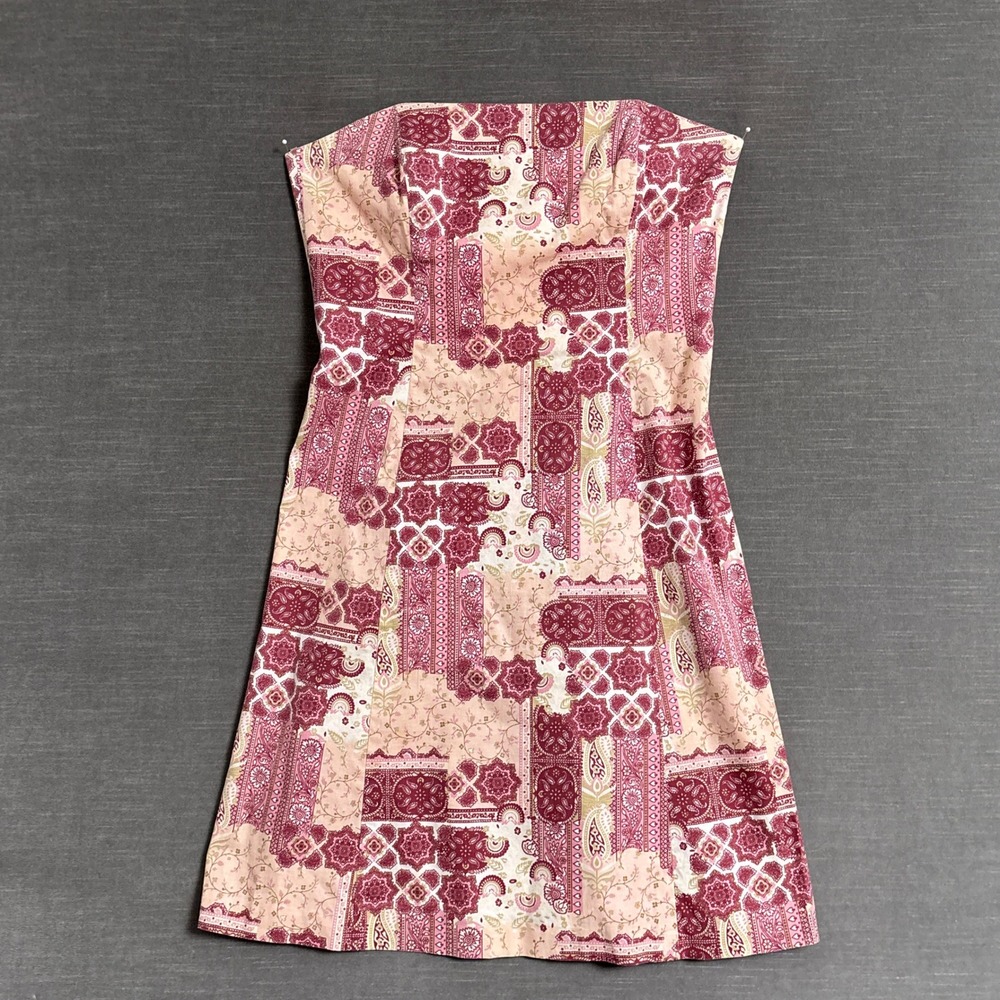 Vintage y2k Robin Jordan Dress 8 Pink Paisley Patchwork Cotton Strapless USA